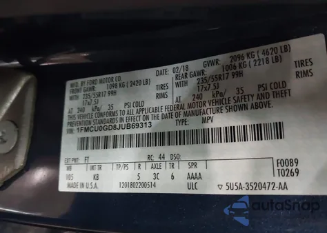 2018 Ford Escape Se из США, поврежденный, VIN 1FMCU0GD8JUB69313